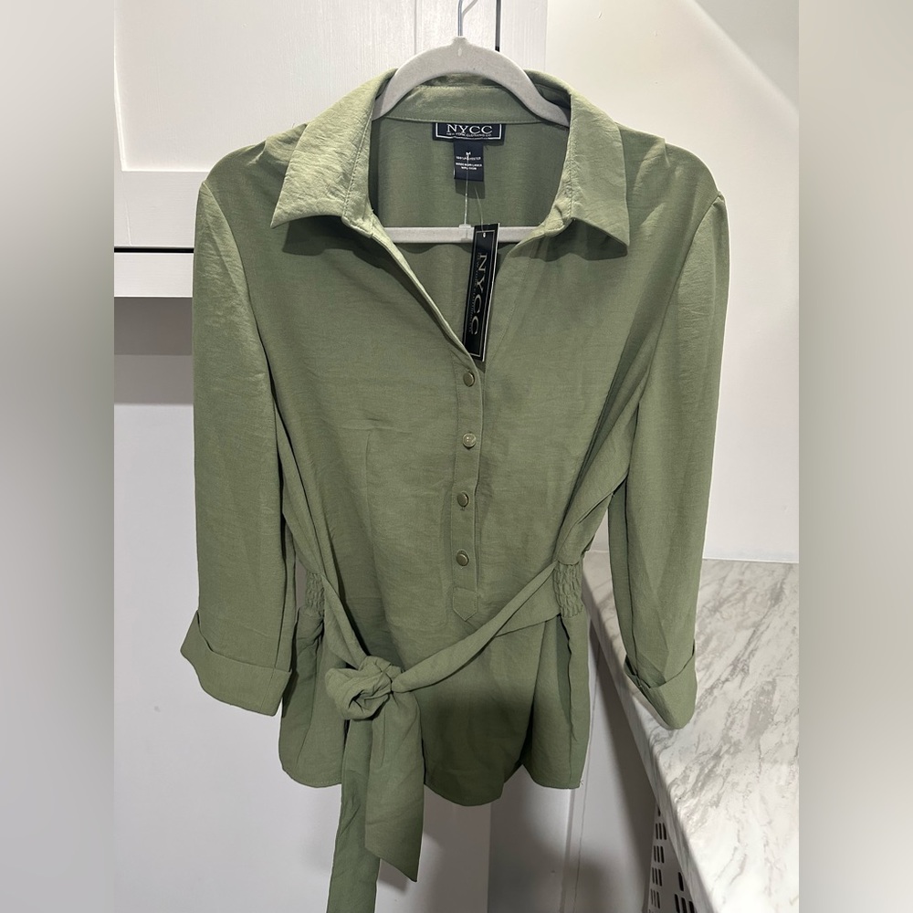 NYCC Women’s Olive Green Button-Down Shirt with Waist Tie